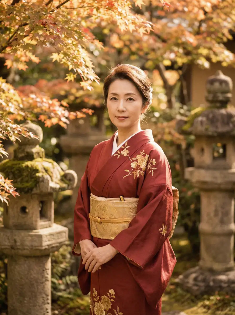 一位身穿暗红色和服的优雅 幼幼 在日式庭院中